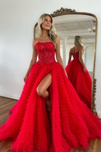 Women Sparkly Red Long Corset Prom Dress with Slit A-Line Beaded Spaghetti Straps Formal Dress
