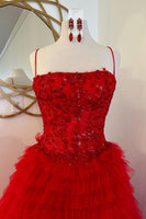 Load image into Gallery viewer, Sparkly Red Corset Long Ruffled Prom Dress with Slit