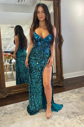 Sparkly Peacock Blue Mirror Long Sequins Prom Dress with Slit
