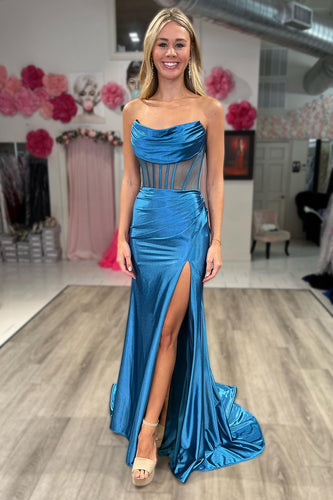 Strapless Blue Corset Prom Dress with Slit