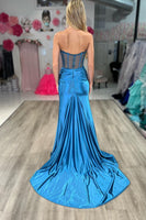 Load image into Gallery viewer, Strapless Blue Corset Prom Dress with Slit