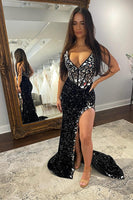 Load image into Gallery viewer, Sparkly Black Mermaid Mirror Long Beaded Prom Dress with Slit