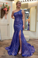 Load image into Gallery viewer, Sparkly Mermaid One Shoulder Royal Blue Prom Dress with Slit