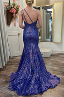 Load image into Gallery viewer, Sparkly Mermaid One Shoulder Royal Blue Prom Dress with Slit