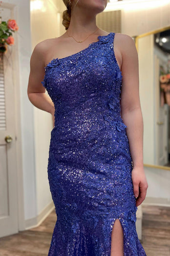 Sparkly Mermaid One Shoulder Royal Blue Prom Dress with Slit