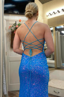 Load image into Gallery viewer, Sparkly Sequins Blue Long Prom Dress with Slit