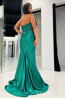 Glitter Dark Green Sweetheart Mermaid Long Prom Dress with Slit
