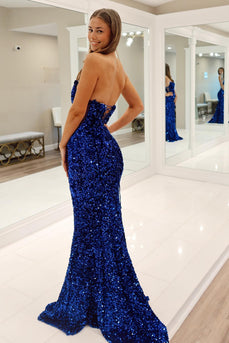 Sparkly Royal Blue Strapless Mermaid Long Prom Dress
