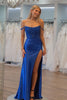 Load image into Gallery viewer, Royal Blue Floral Off-Shoulder Mermaid Long Prom Dress with Slit