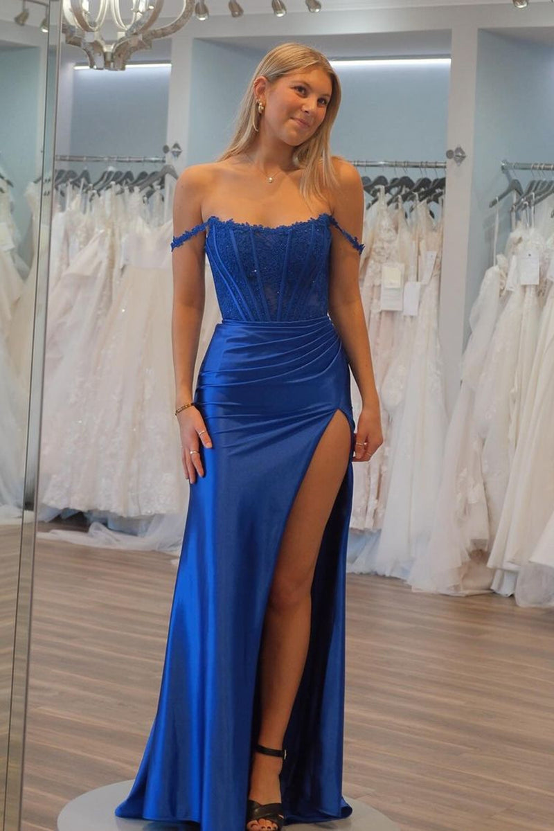 Load image into Gallery viewer, Royal Blue Floral Off-Shoulder Mermaid Long Prom Dress with Slit