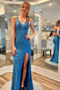 Load image into Gallery viewer, Sparkly Blue Beaded V Neck Mermaid Long Prom Dress with Slit