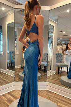 Sparkly Blue Beaded V Neck Mermaid Long Prom Dress with Slit