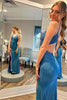 Load image into Gallery viewer, Sparkly Blue Beaded V Neck Mermaid Long Prom Dress with Slit