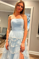 Load image into Gallery viewer, Sparkly Light Blue Strapless Beaded Tiered Long Prom Dress with Slit