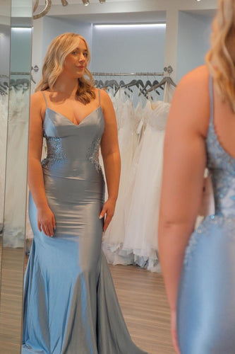 Glitter Grey Blue Grey Blue Appliques Mermaid Long Prom Dress