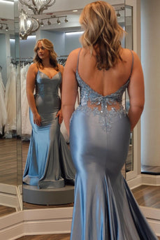 Glitter Grey Blue Grey Blue Appliques Mermaid Long Prom Dress