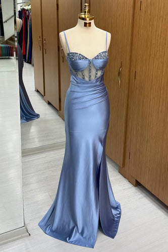 Sparkly Grey Blue Corset Mermaid Long Prom Dress with Slit