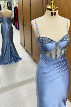 Sparkly Grey Blue Corset Mermaid Long Prom Dress with Slit