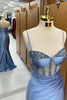 Load image into Gallery viewer, Sparkly Grey Blue Corset Mermaid Long Prom Dress with Slit
