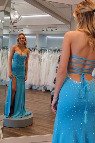 Sparkly Blue Beaded Mermaid Long Prom Dress with Slit