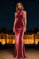 Load image into Gallery viewer, Purple Halter Neck Mermaid Long Velvet Holiday Party Dress