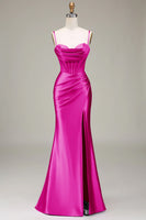 Load image into Gallery viewer, Elegant Royal Blue Corset Satin Mermaid Long Prom Dress with Slit