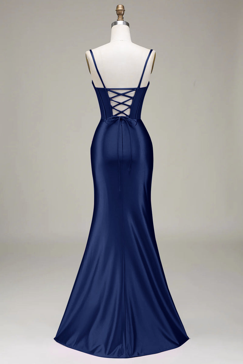 Load image into Gallery viewer, Elegant Royal Blue Corset Satin Mermaid Long Prom Dress with Slit