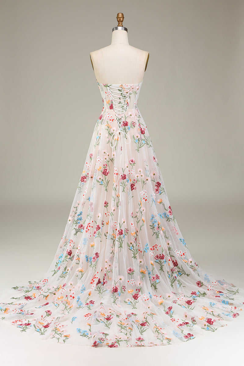 Load image into Gallery viewer, Tulle Strapless Sweep Train Ivory Long Wedding Dress with Embroidery
