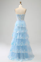 Load image into Gallery viewer, Lavender Strapless Tiered Tulle Corset Prom Dress with Appliques