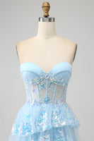 Load image into Gallery viewer, Lavender Strapless Tiered Tulle Corset Prom Dress with Appliques