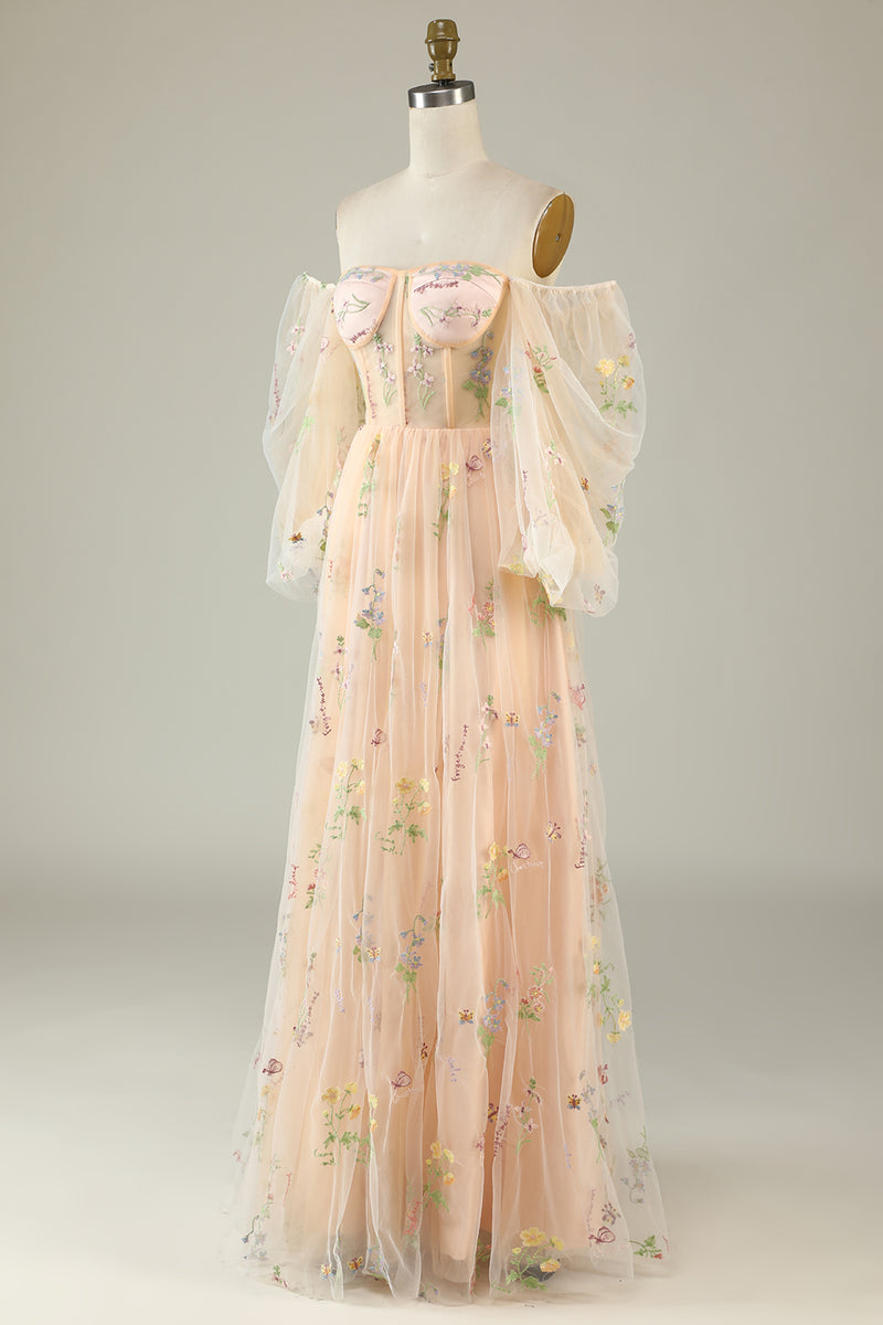 Load image into Gallery viewer, Champagne Off The Shoulder Long Sleeves A-Line Prom Dress