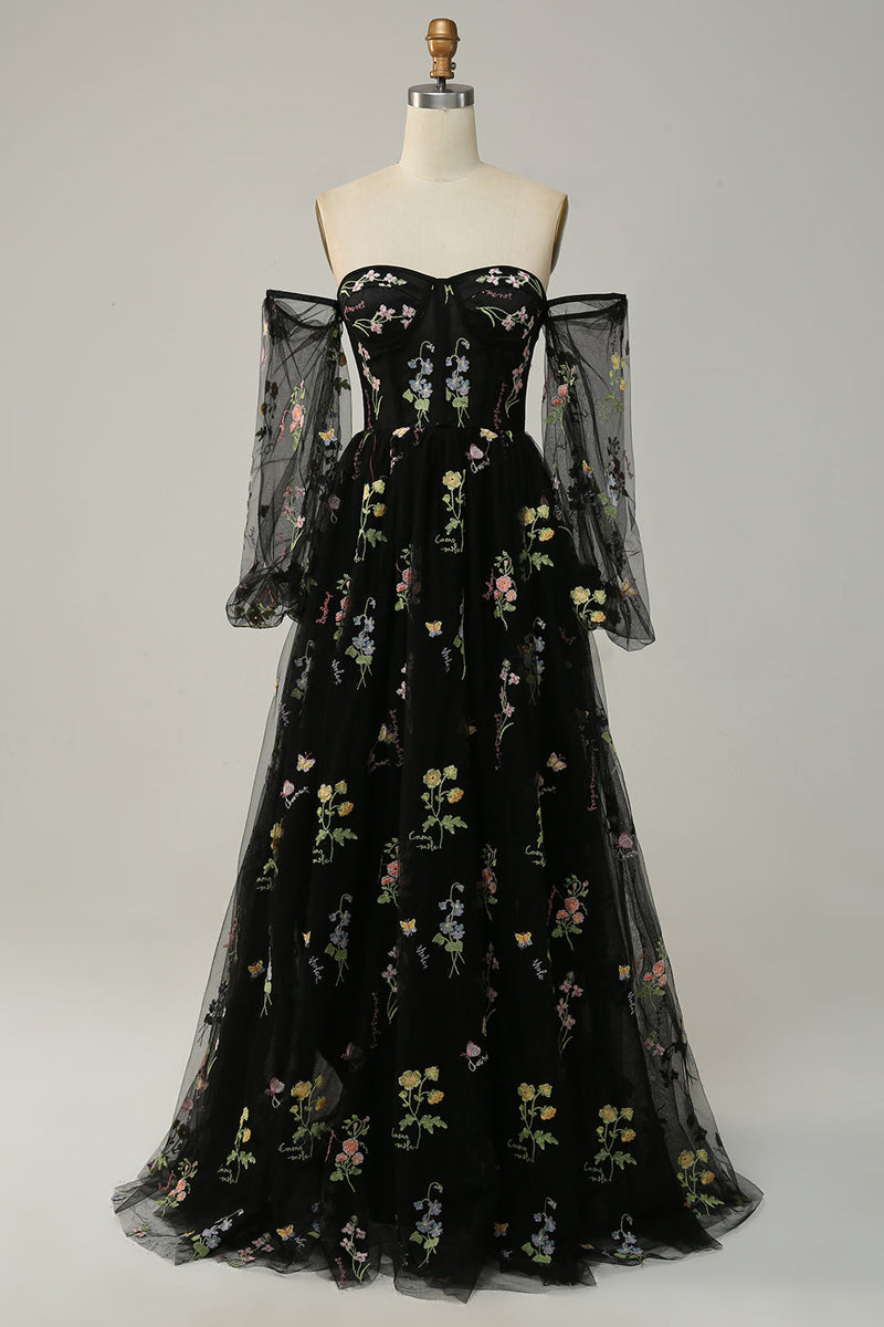 Load image into Gallery viewer, Off The Shoulder Green Long Sleeves A-Line Prom Dress