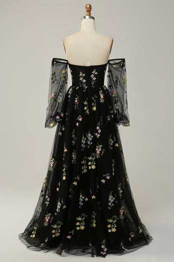 Champagne Off The Shoulder Long Sleeves A-Line Prom Dress