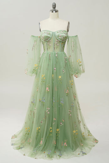 Champagne Off The Shoulder Long Sleeves A-Line Prom Dress