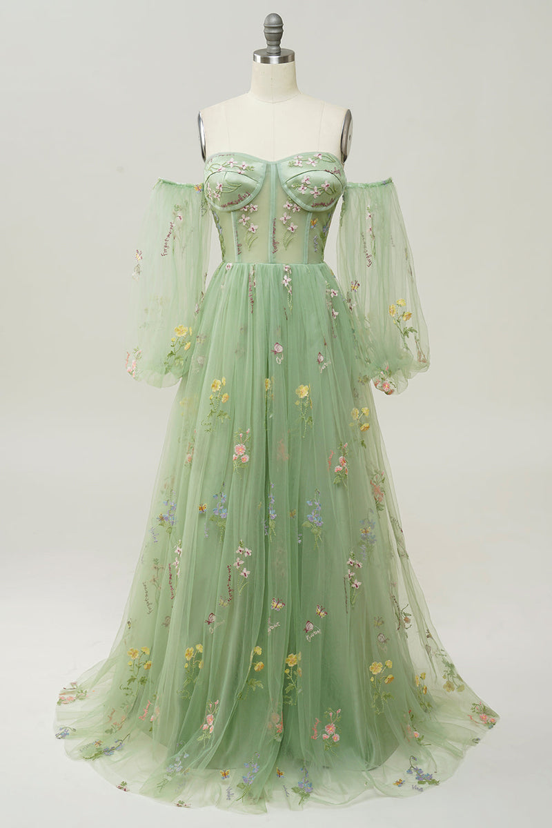 Load image into Gallery viewer, Champagne Off The Shoulder Long Sleeves A-Line Prom Dress