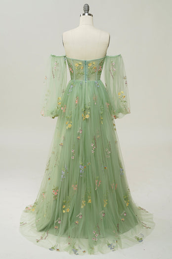 Champagne Off The Shoulder Long Sleeves A-Line Prom Dress