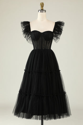 Tulle A-Line Sweetheart Black Short Prom Dress