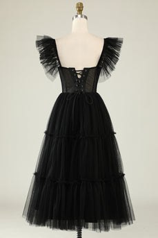 Tulle A-Line Sweetheart Black Short Prom Dress