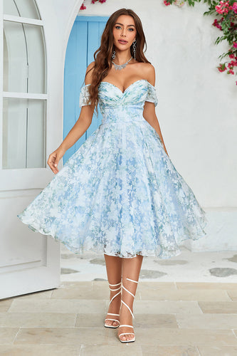Tulle Off The Shoulder Blue Short Prom Dress
