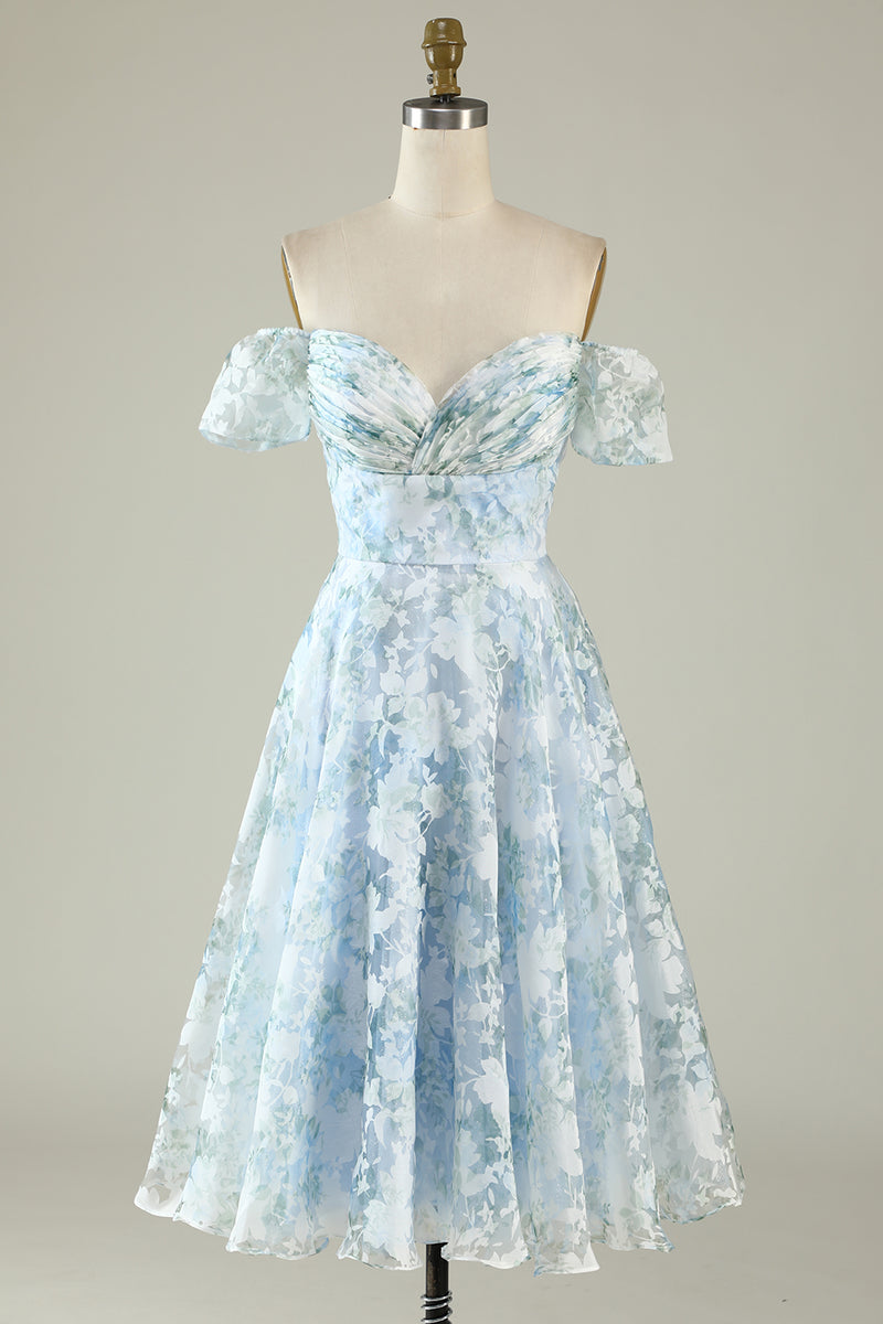 Load image into Gallery viewer, Tulle Off The Shoulder Blue Short Prom Dress