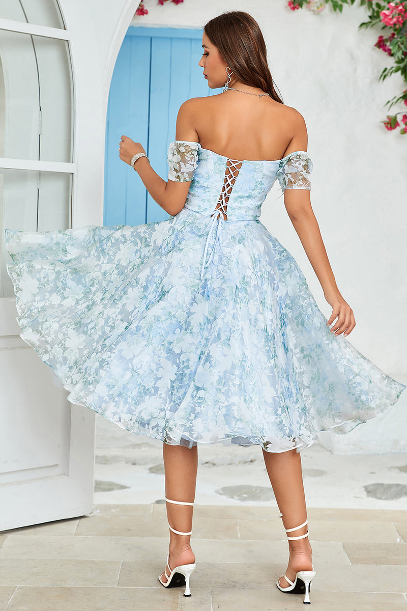 Load image into Gallery viewer, Tulle Off The Shoulder Blue Short Prom Dress