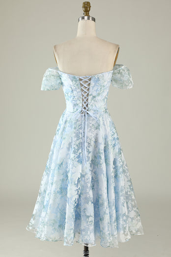 Tulle Off The Shoulder Blue Short Prom Dress