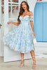 Load image into Gallery viewer, Tulle Off The Shoulder Blue Short Prom Dress