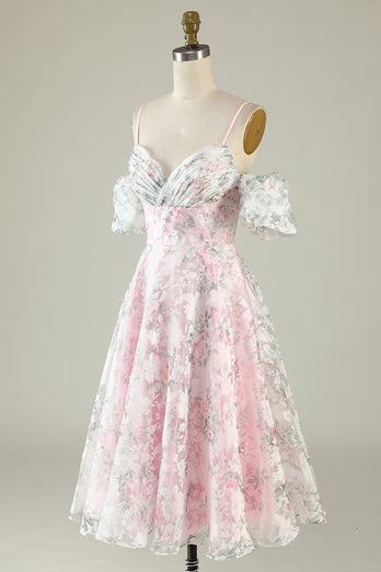 Pink Flower Printed Short Prom Dress