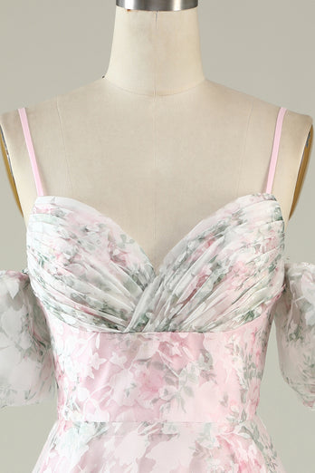 Pink Flower Printed Short Prom Dress