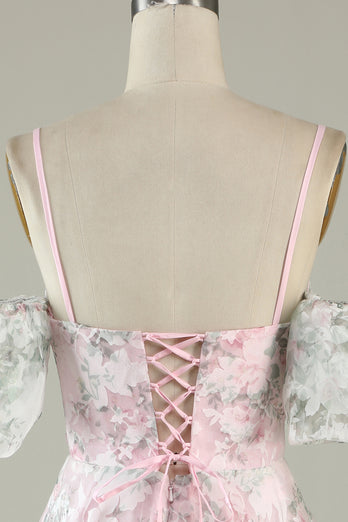 Pink Flower Printed Short Prom Dress