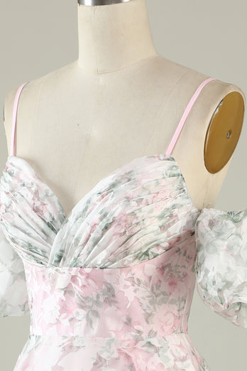 Pink Flower Printed Short Prom Dress