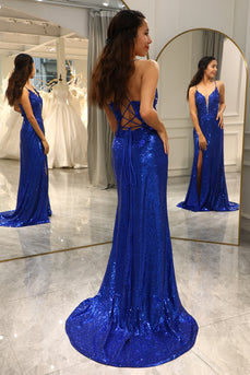 Sparkly Royal Blue Mermaid V-Neck Long Prom Dress With Slit