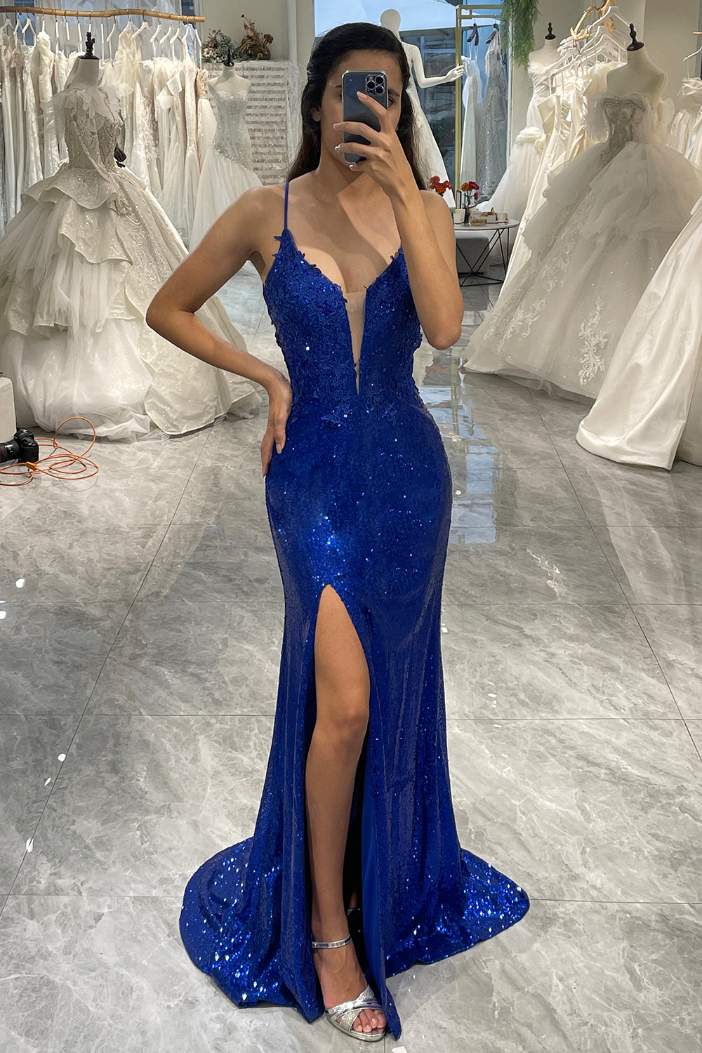 Sparkly Royal Blue Mermaid V-Neck Long Prom Dress With Slit