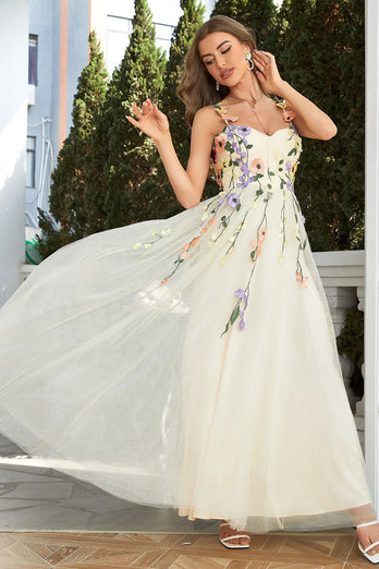 Spaghetti Straps Green Long Prom Dress With 3D Flowers